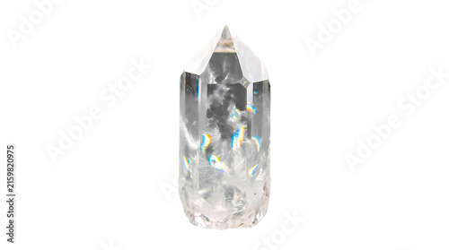IA generated clear quartz crystal tower obelisk point with natural internal inclusions isolated on a clean white background with soft shadow.