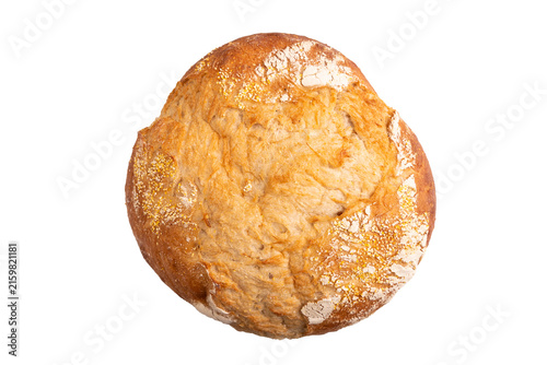Homemade bread isolated on white, close up, top view.