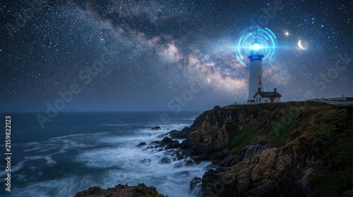 Futuristic lighthouse emitting digital signal beams against vast milky way galaxy night sky over ocean with lighthouse glowing holographic holographic interface under prominent galactic band cosmos