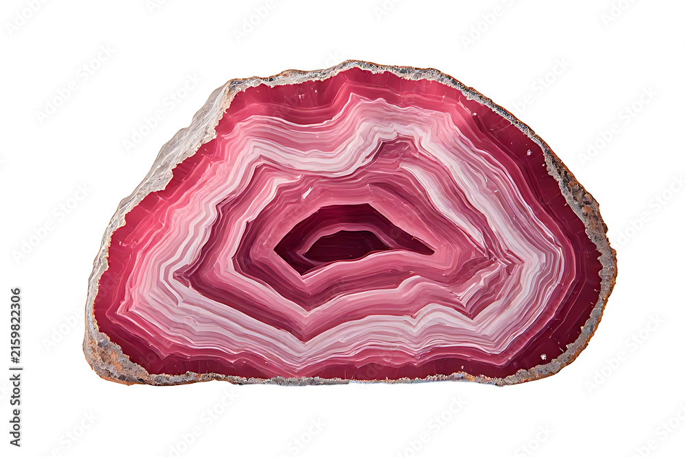 Obraz premium IA generated, polished slice of banded rhodochrosite mineral with pink and white patterns isolated on white background.