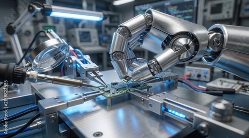 Robotic arm precision assembly of microelectronic circuit board components within advanced high tech laboratory environment with performing delicate assembly bright laboratory lighting robotic hand