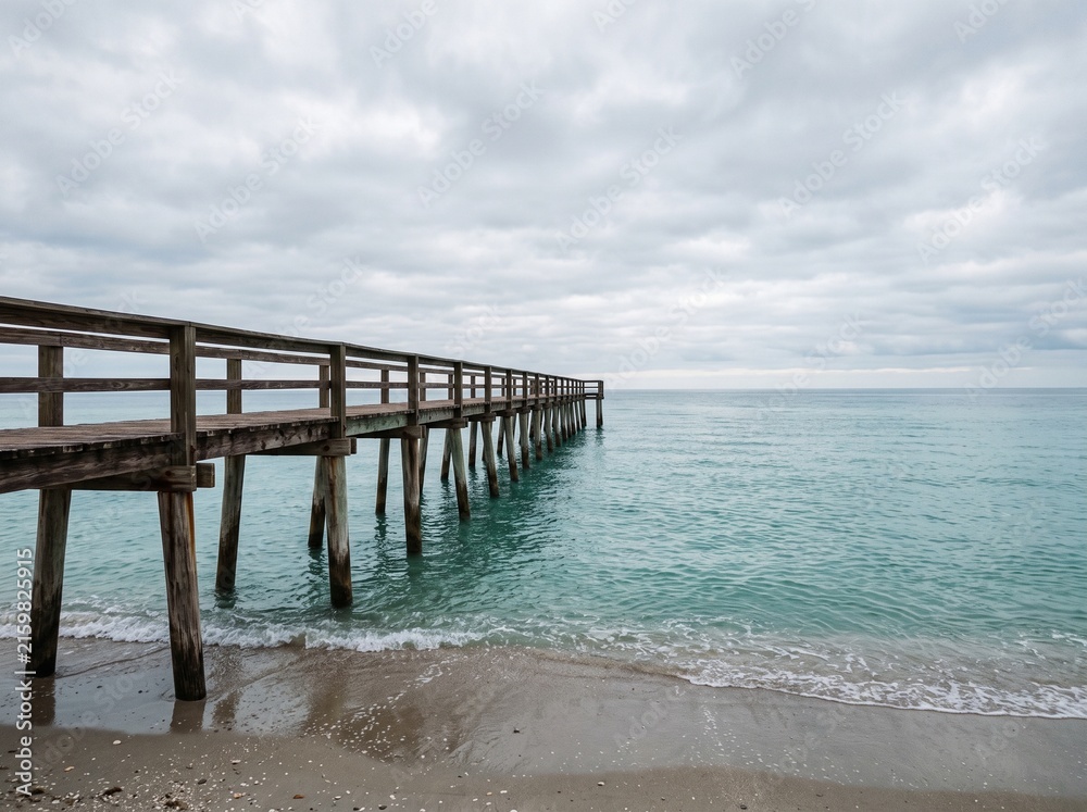 Obraz premium Wooden pier extending into calm sea under cloudy overcast sky beach view