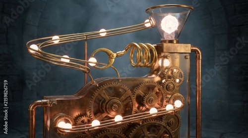 Vintage Steampunk Apparatus With Copper Tubes, Coils and Glowing Bulb