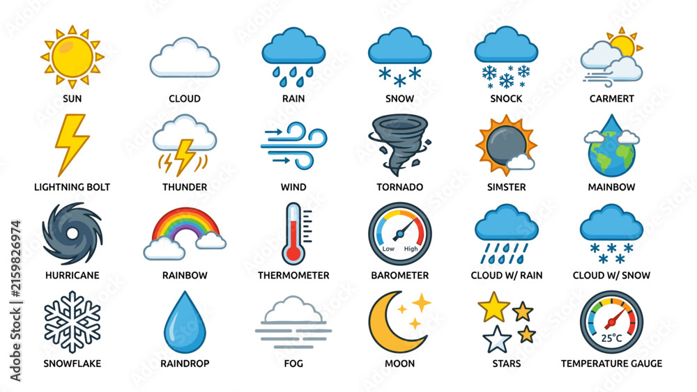 Fototapeta premium Pixel Art Weather Icons Representing Various Meteorological Conditions and Phenomena