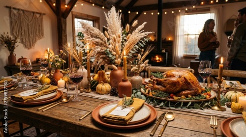 Elegant Harvest Dinner Table With Roast Turkey, Pumpkins and Seasonal Centerpiece