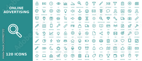 Extensive set of one hundred twenty online advertising icons featuring digital marketing symbols and web promotion tools in a consistent linear design