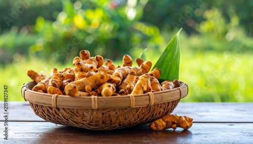 Fresh ginger root in a woven basket outdoors.
