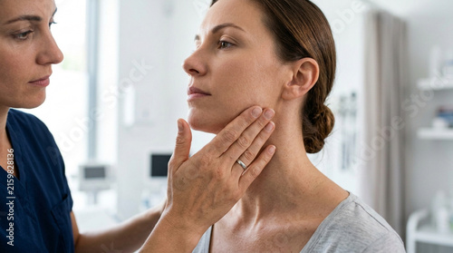 Doctor examines patient's neck for swollen lymph nodes, medical checkup