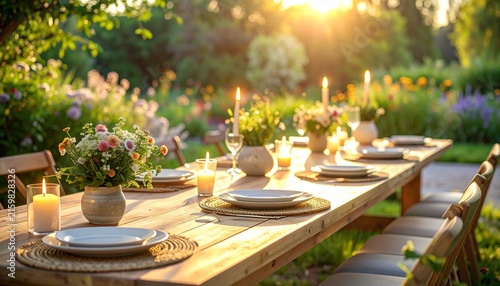 Outdoor Garden Dinner Table Setting at Sunset.
