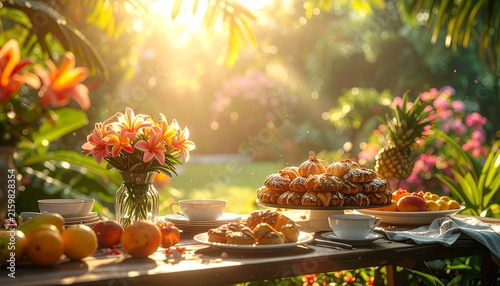 Sunlit Garden Table with Fresh Fruits and Flowers.