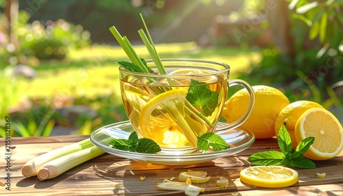 Fresh lemon tea with mint and citrus slices outdoors.