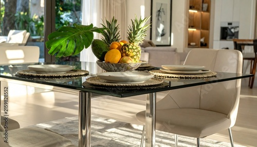 Modern dining table with tropical fruit centerpiece in bright room.