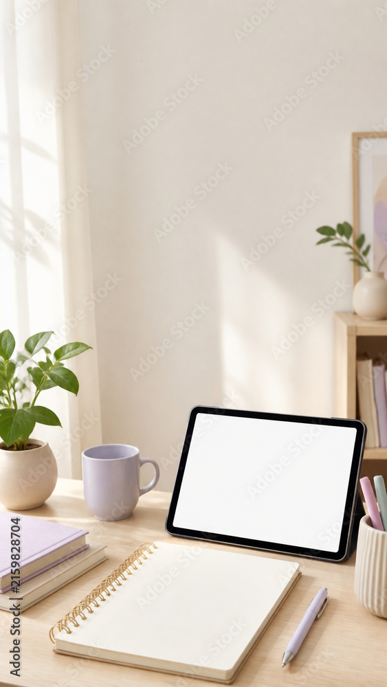 Fototapeta premium Online Education Desk with Tablet Screen Mockup for Learning Short Form Template