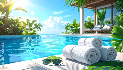 Luxury Resort Poolside Towels and Sunglasses Scene.