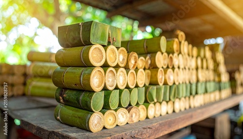 Stacked Green Bamboo Leaves on Wooden Shelf Outdoors.