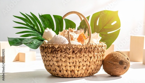 Woven basket with tropical fruits and palm leaves on white background.