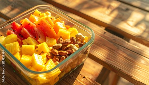 Fresh fruit salad with nuts in glass container on wooden table.