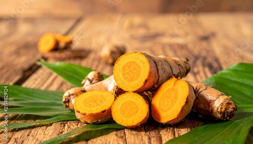 Fresh turmeric root slices on wooden background with leaves.