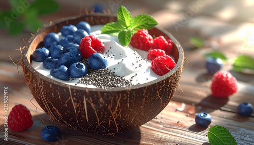 Fresh coconut bowl with berries chia seeds and yogurt.