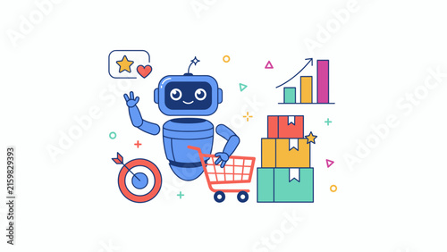Cute AI shopping robot vector illustration, smart retail assistant bot with cart, e-commerce automation concept