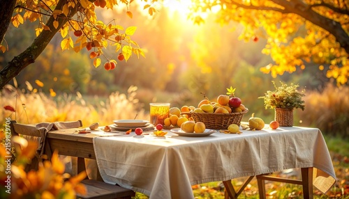 Autumn Picnic Table Setting in Golden Forest Light.