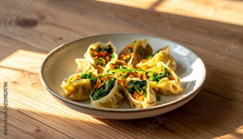 Homemade dumplings with fresh herbs on wooden table.