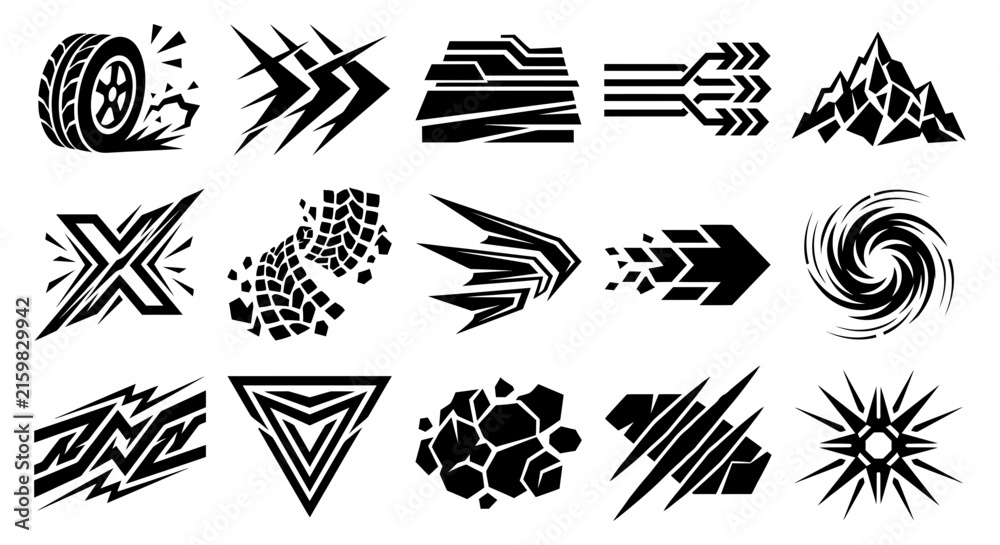 Fototapeta premium A set of white featuring sharp, angular, and geometric shapes isolated on a solid black background, for use in projects