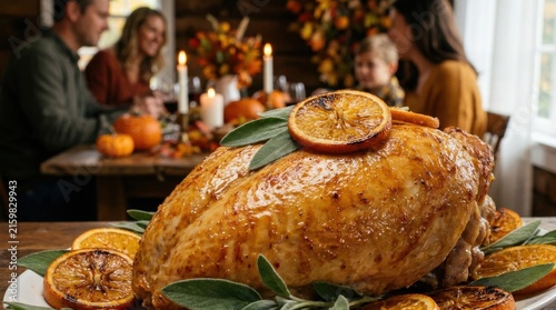 Roasted Turkey Centerpiece for Autumn Holiday Dinner With Seasonal Garnishes