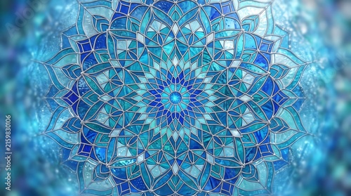 Plakat Blue Mandala Stained Glass Window Pattern Background