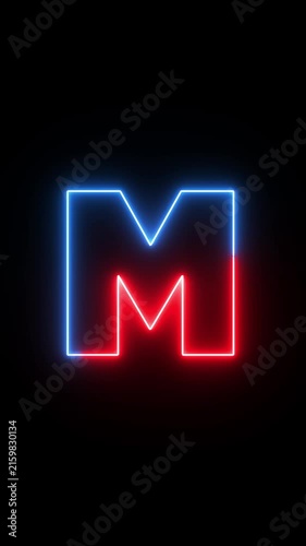 Neon Glowing Letter M Icon Isolated Dark Background, Vertical Video