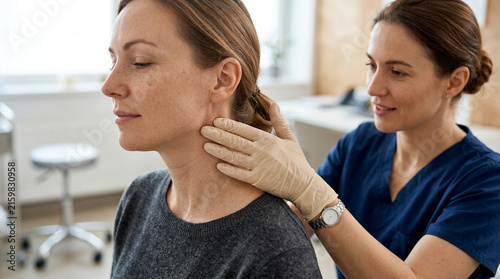 Doctor examines patient's neck for swollen lymph nodes in medical clinic