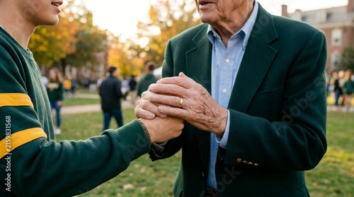 Senior alumnus and young student clasping hands in a warm mentorship gesture on campus.