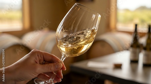 Hand swirling golden white wine in a crystal glass at a winery cellar.