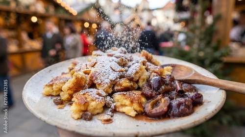 Close-up of shredded caramelized pancake with powdered sugar and plum compote dessert