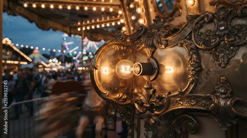 Close-up of vintage carousel brass horse ornament glowing under warm festival lights at dusk