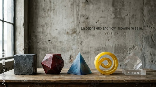Abstract Geometric Sculptures Arranged on a Textured Wooden Surface Against a Concrete Wall