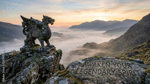 Ancient stone dragon sculpture guarding misty mountain valley at sunrise, inspiring legendary adventure