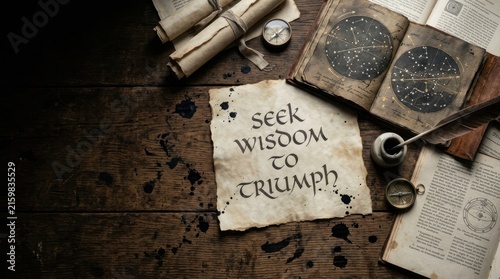 Ancient scroll and open book with compass, displaying 'Seek Wisdom to Triumph' quote