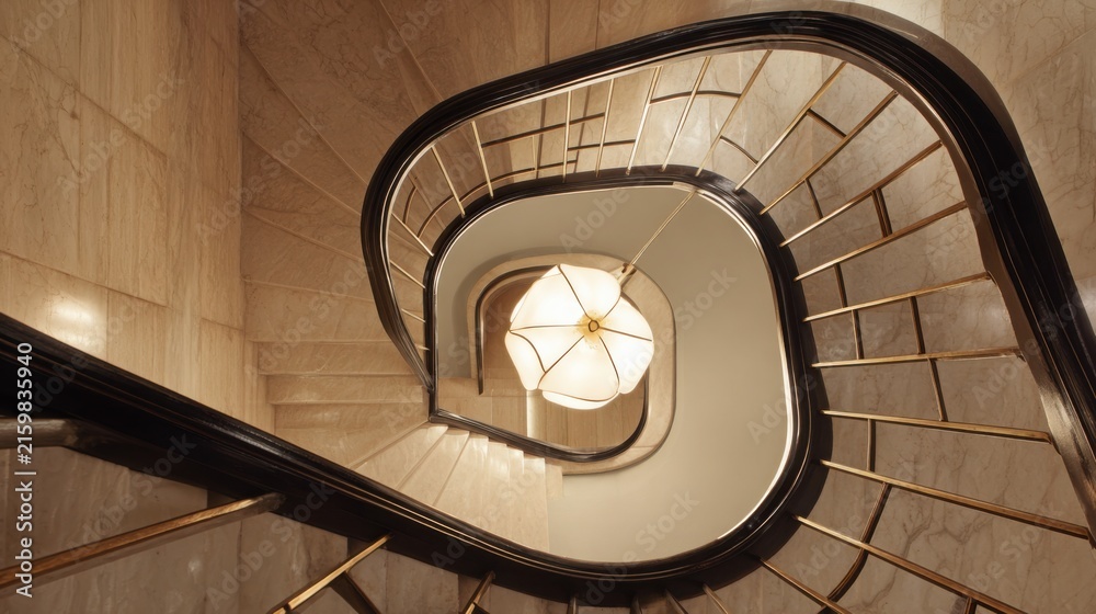 Fototapeta premium Spectacular interior staircase combining vintage art deco architecture and contemporary luxury, sweeping curved staircase, dark polished wood