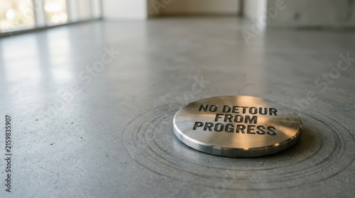 Circular Metal Dedication Inscribed With 'No Detour From Progress' Set Into Modern Polished Floor