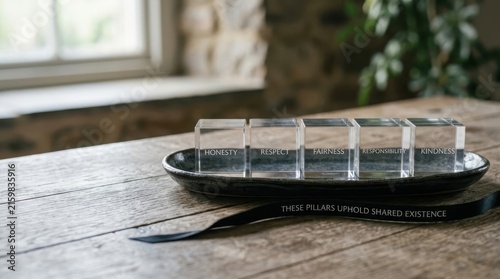 Clear acrylic cubes representing core values like honesty and respect arranged on a dark tray on a wooden table