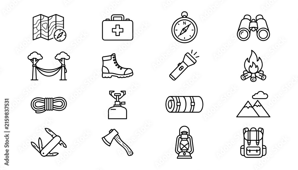 Obraz premium Set of camping and hiking equipment icons