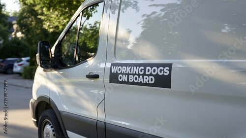 White utility van side panel displaying a Working Dogs On Board sign, highlighting animal welfare and safety