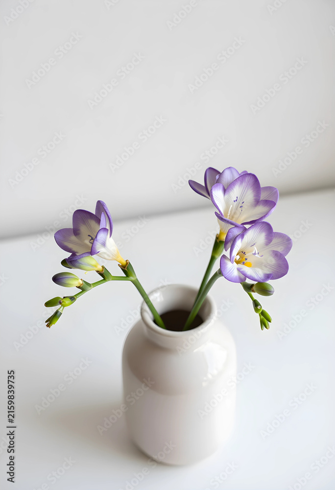 Fototapeta premium Freesia flowers in a vase, spring and freshness concept, floral arrangement for home decor and celebration
