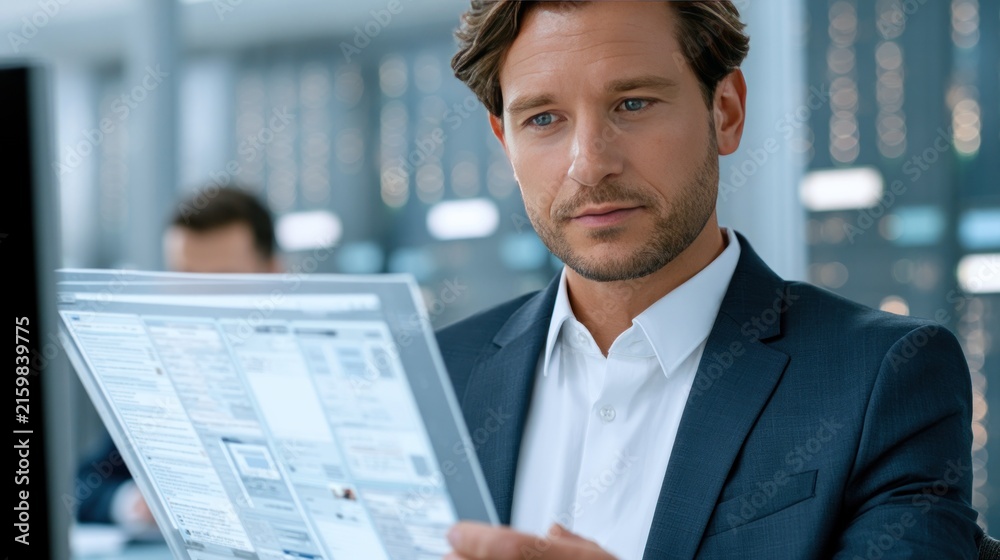 Fototapeta premium Man in suit analyzing transparent digital screen information