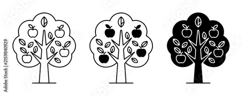 Apple Tree Icons, Fruit Tree Vector Graphics, Orchard Symbols in Outline and Silhouette Styles
