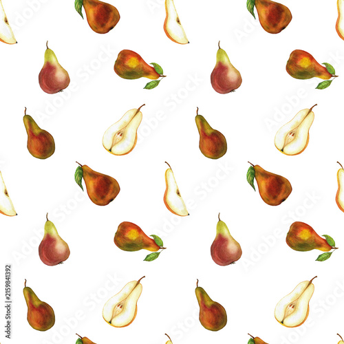 Whole and sliced pears, a seamless watercolor pattern, illustration for packaging, textiles, tableware, design, stationery