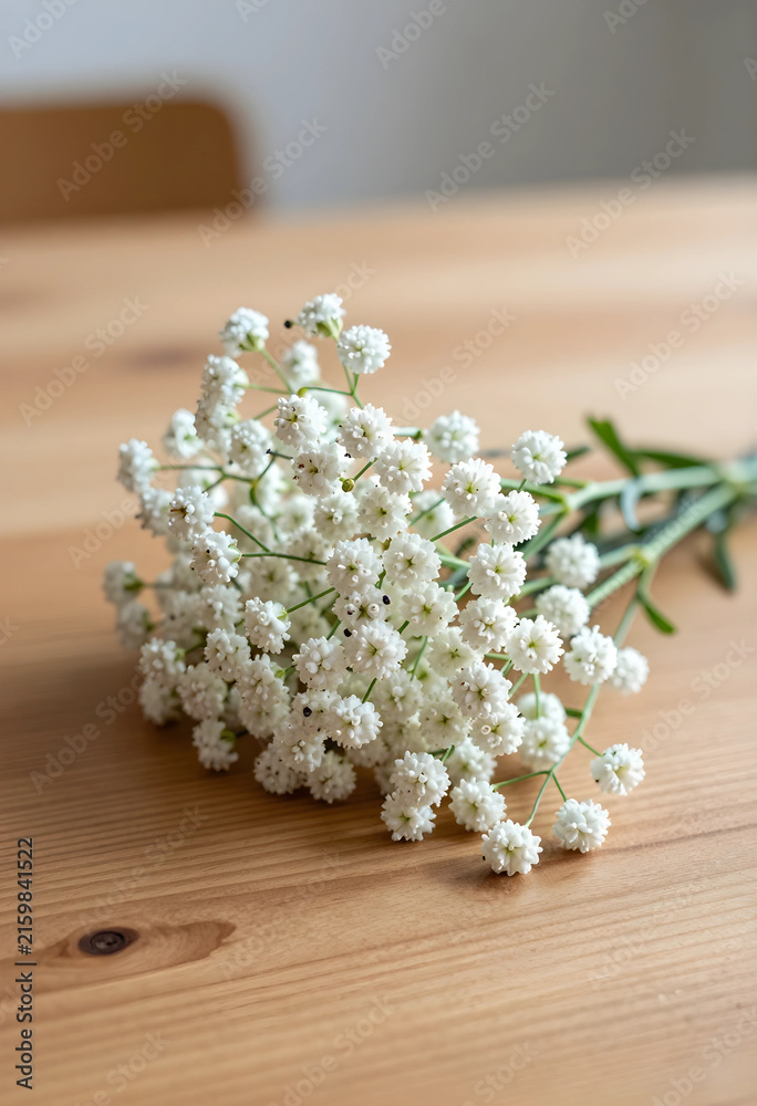 Fototapeta premium Delicate white babys breath flowers on a rustic wooden table, natural beauty and minimalist floral design