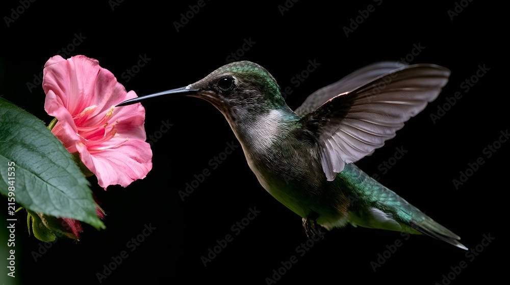 Naklejka premium A hummingbird hovers near a pink flower against a dark background its wings blurred by motion as it feeds