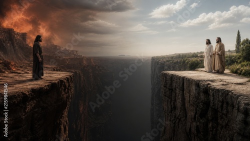Rich man separated from Abraham and Lazarus by a vast chasm in the afterlife, contrasting torment and paradise in the biblical parable of Lazarus and the rich man